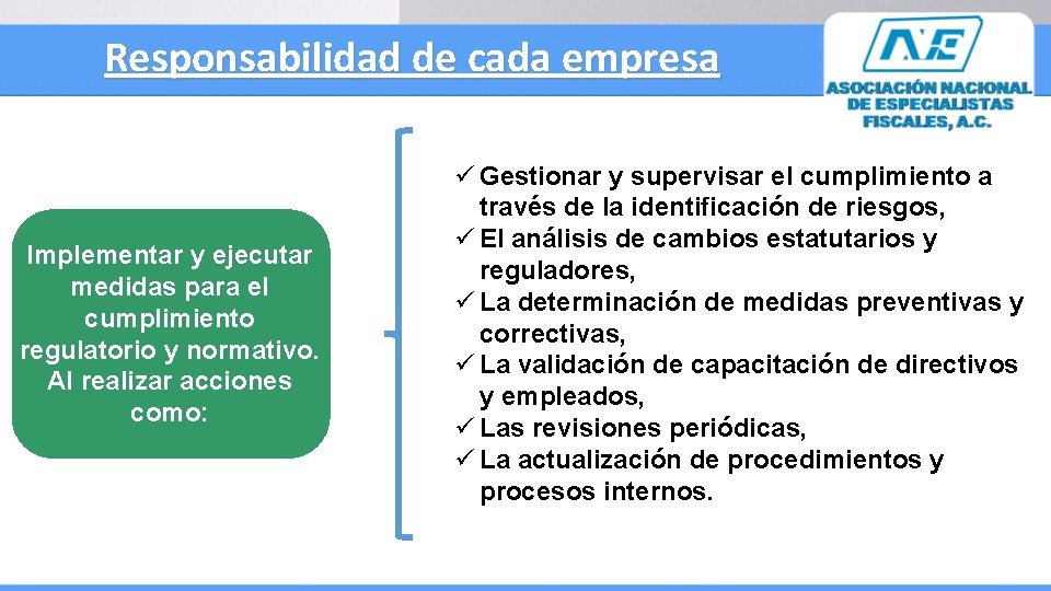 Responsabilidad de cada empresa Implementar y ejecutar medidas para el cumplimiento regulatorio y normativo.
