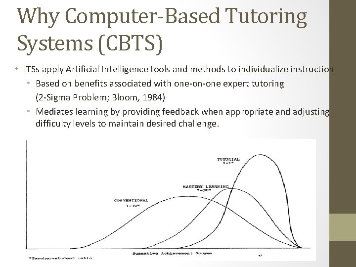 Why Computer-Based Tutoring Systems (CBTS) • ITSs apply Artificial Intelligence tools and methods to