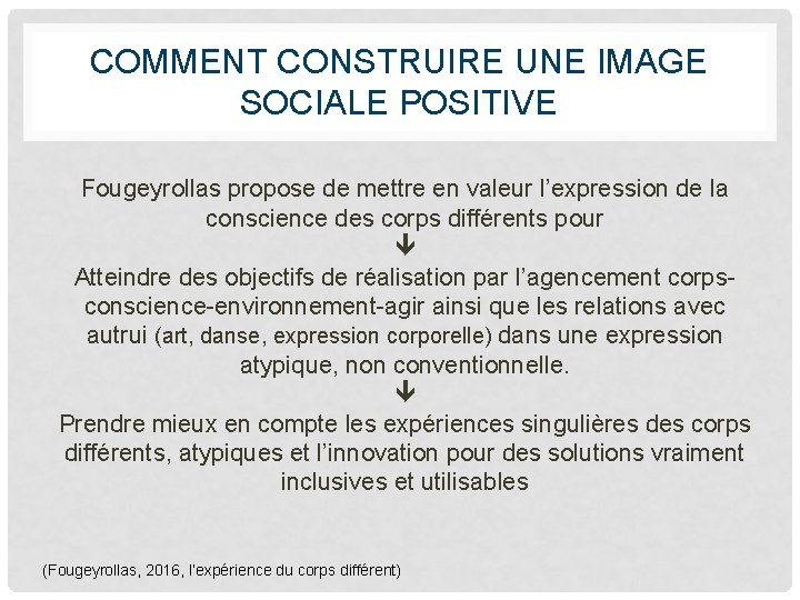 COMMENT CONSTRUIRE UNE IMAGE SOCIALE POSITIVE Fougeyrollas propose de mettre en valeur l’expression de