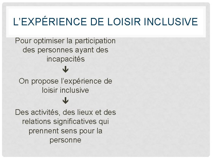 L’EXPÉRIENCE DE LOISIR INCLUSIVE Pour optimiser la participation des personnes ayant des incapacités On