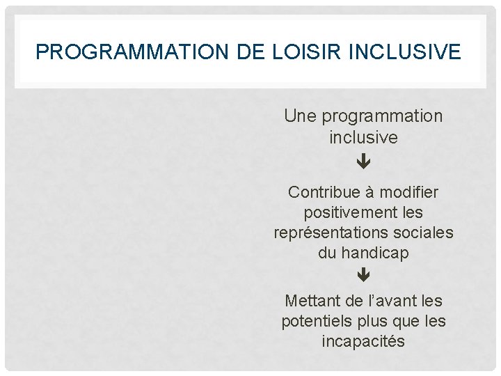 PROGRAMMATION DE LOISIR INCLUSIVE Une programmation inclusive Contribue à modifier positivement les représentations sociales