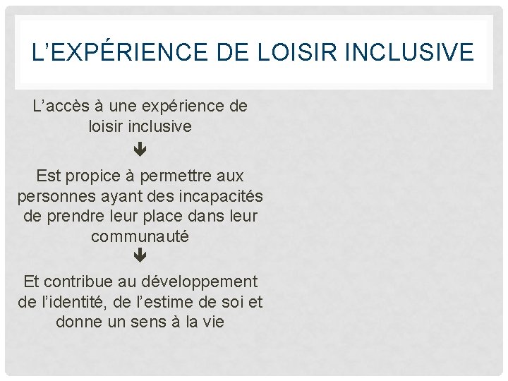 L’EXPÉRIENCE DE LOISIR INCLUSIVE L’accès à une expérience de loisir inclusive Est propice à