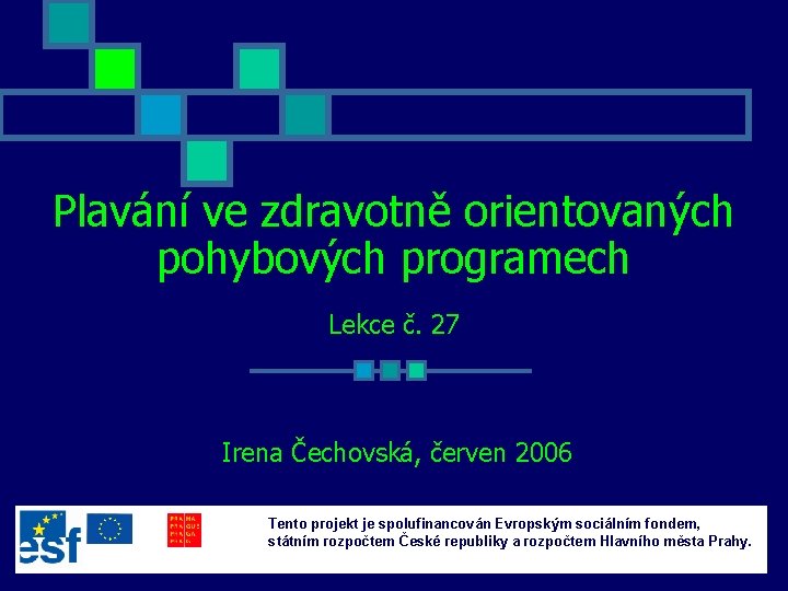 Plavání ve zdravotně orientovaných pohybových programech Lekce č. 27 Irena Čechovská, červen 2006 Tento