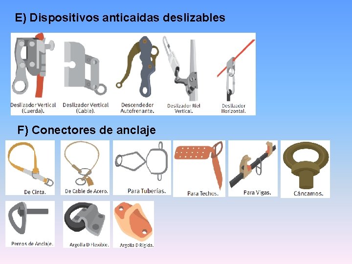 E) Dispositivos anticaidas deslizables F) Conectores de anclaje E) Dispositivos anticaidas deslizables F) Conectores de anclaje