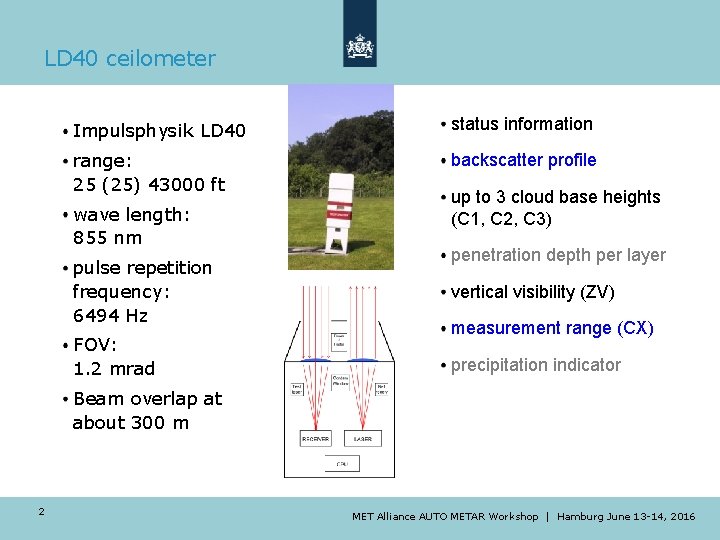 LD 40 ceilometer Impulsphysik LD 40 status information range: 25 (25) 43000 ft backscatter LD 40 ceilometer Impulsphysik LD 40 status information range: 25 (25) 43000 ft backscatter