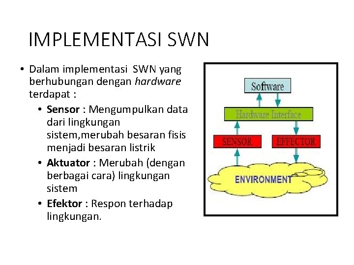 IMPLEMENTASI SWN • Dalam implementasi SWN yang berhubungan dengan hardware terdapat : • Sensor