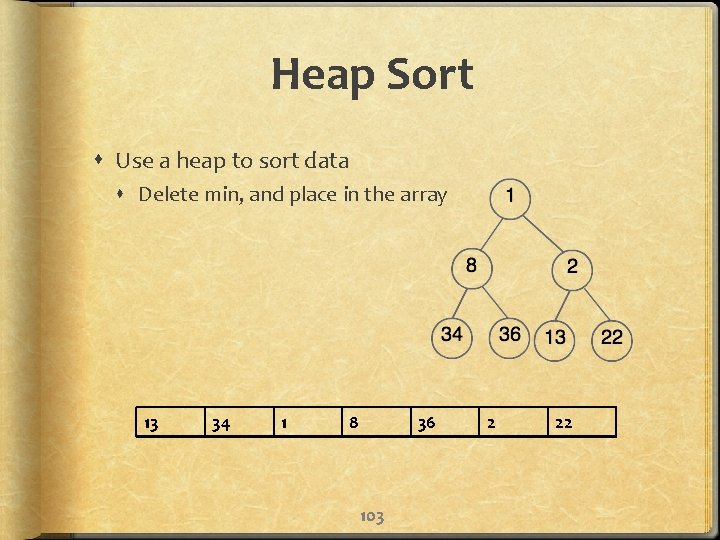 Heap Sort Use a heap to sort data Delete min, and place in the