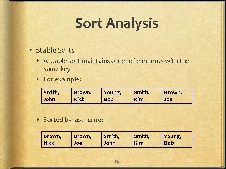 Sort Analysis Stable Sorts A stable sort maintains order of elements with the same