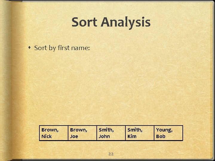 Sort Analysis Sort by first name: Brown, Nick Brown, Joe Smith, John 22 Smith,