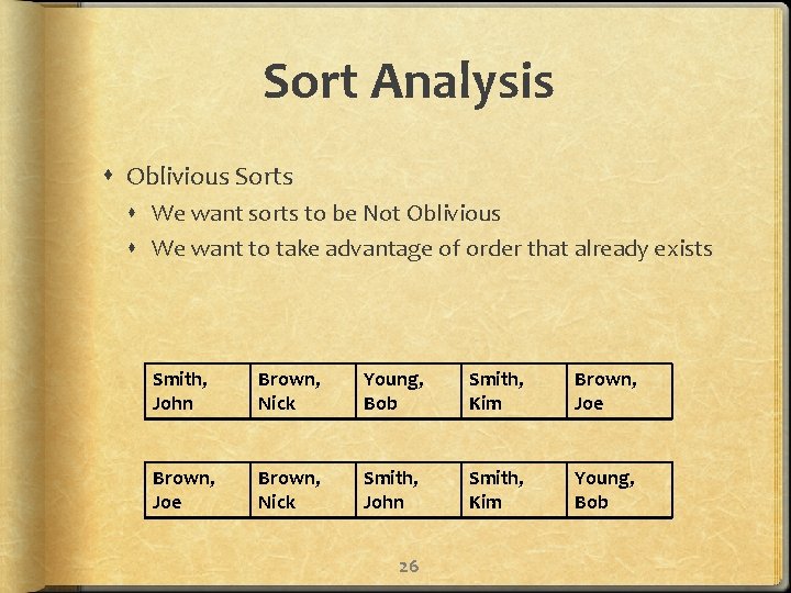 Sort Analysis Oblivious Sorts We want sorts to be Not Oblivious We want to