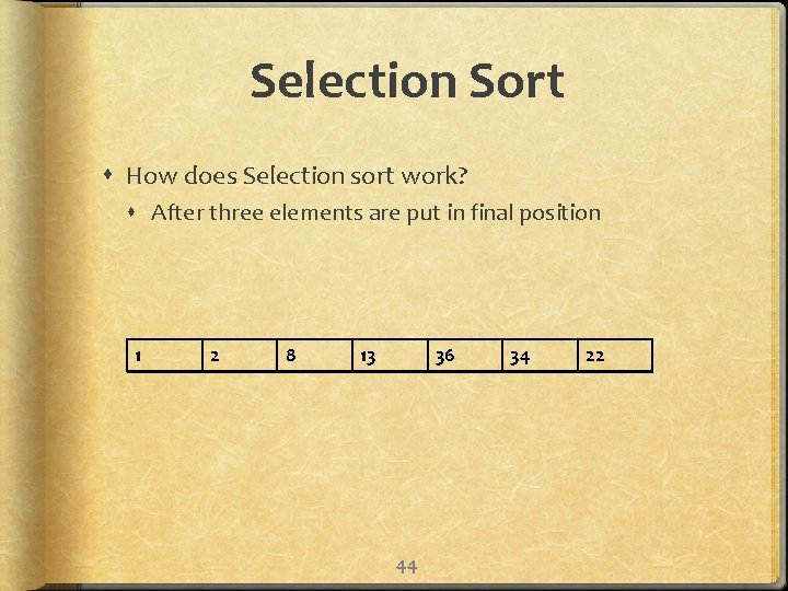 Selection Sort How does Selection sort work? After three elements are put in final
