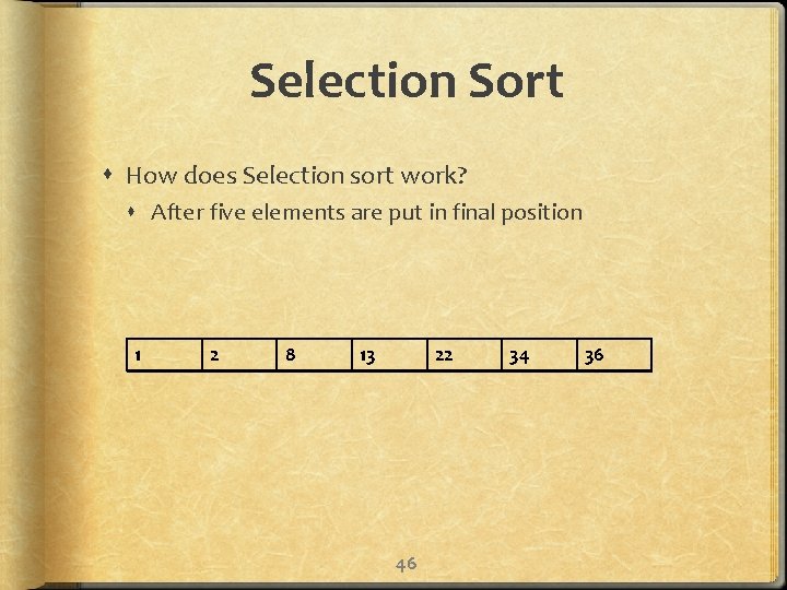 Selection Sort How does Selection sort work? After five elements are put in final