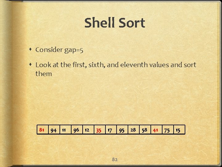 Shell Sort Consider gap=5 Look at the first, sixth, and eleventh values and sort