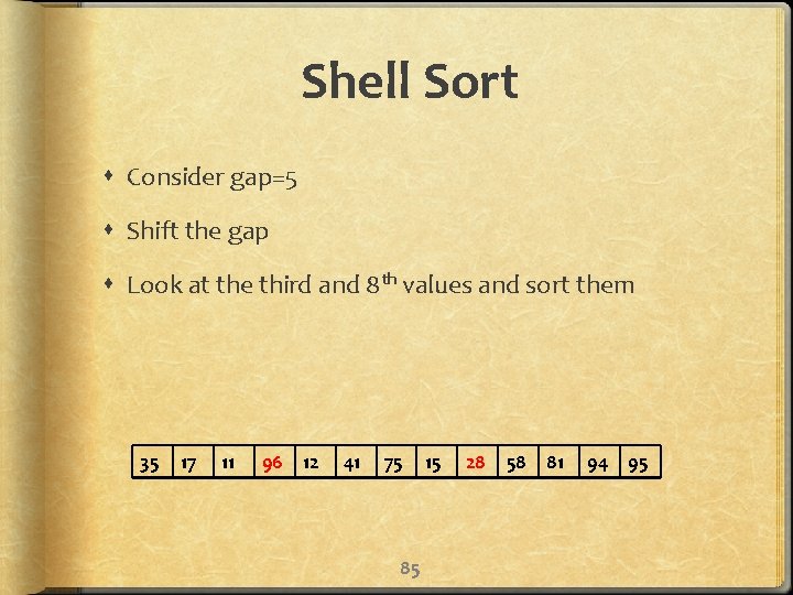 Shell Sort Consider gap=5 Shift the gap Look at the third and 8 th