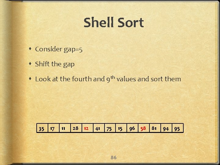 Shell Sort Consider gap=5 Shift the gap Look at the fourth and 9 th