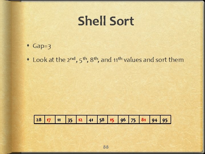 Shell Sort Gap=3 Look at the 2 nd , 5 th, 8 th, and