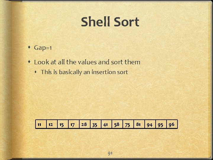 Shell Sort Gap=1 Look at all the values and sort them This is basically