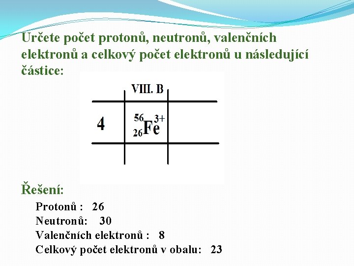 Určete počet protonů, neutronů, valenčních elektronů a celkový počet elektronů u následující částice: Řešení: