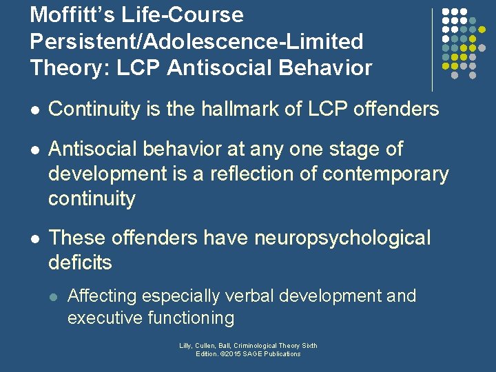 Moffitt’s Life-Course Persistent/Adolescence-Limited Theory: LCP Antisocial Behavior l Continuity is the hallmark of LCP