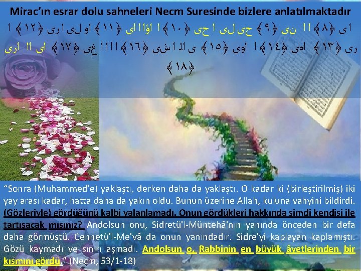 Mirac’ın esrar dolu sahneleri Necm Suresinde bizlere anlatılmaktadır ﴾ ﺍ ١٢﴿ ﴾ ﺍﻭ ﻝﻯ