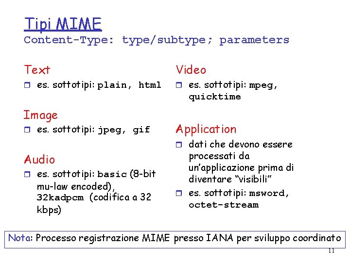 Tipi MIME Content-Type: type/subtype; parameters Text r es. sottotipi: plain, html Video r es.