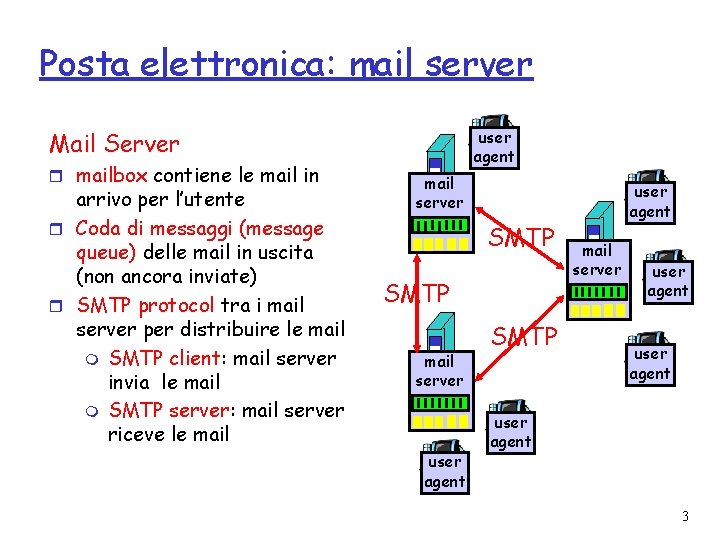 Posta elettronica: mail server user agent Mail Server r mailbox contiene le mail in