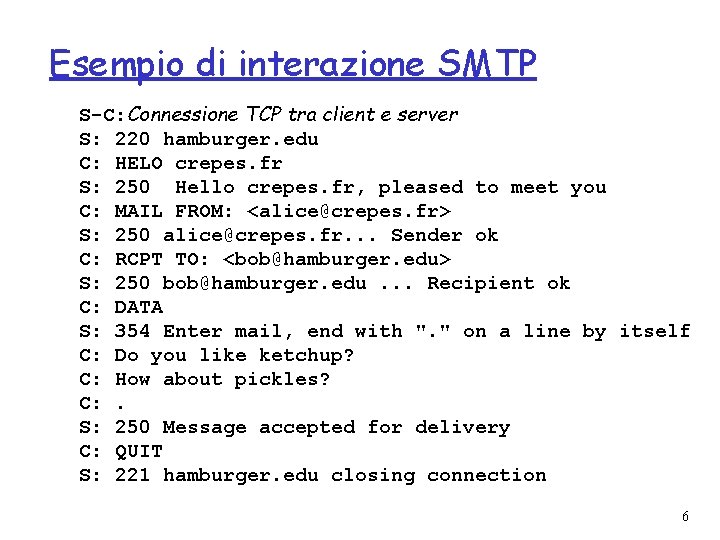 Esempio di interazione SMTP S-C: Connessione TCP tra client e server S: 220 hamburger.