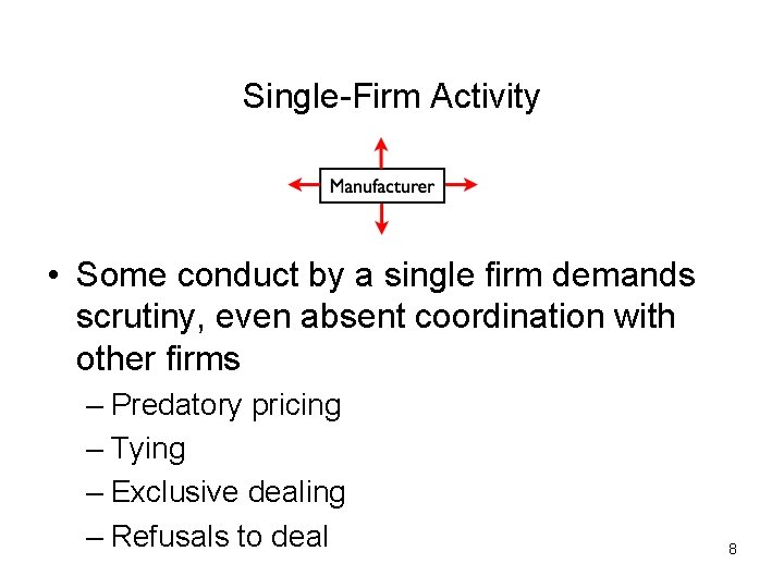 Single-Firm Activity • Some conduct by a single firm demands scrutiny, even absent coordination
