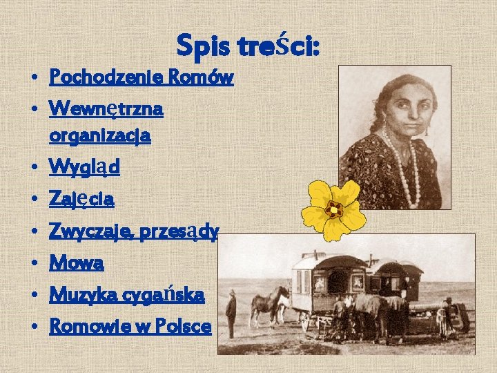 Spis treści: • Pochodzenie Romów • Wewnętrzna organizacja • Wygląd • Zajęcia • Zwyczaje,