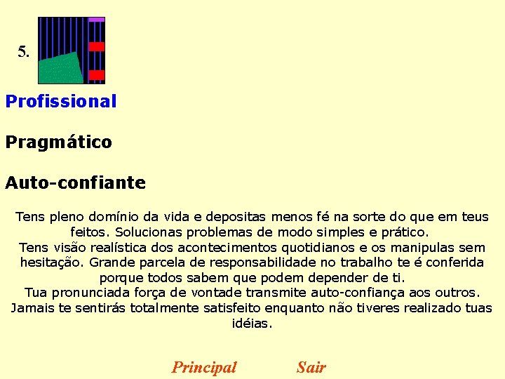 5. Profissional Pragmático Auto-confiante Tens pleno domínio da vida e depositas menos fé na