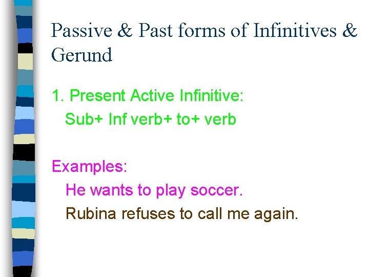 Passive & Past forms of Infinitives & Gerund 1. Present Active Infinitive: Sub+ Inf