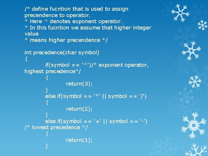 /* define fucntion that is used to assign precendence to operator. * Here ^