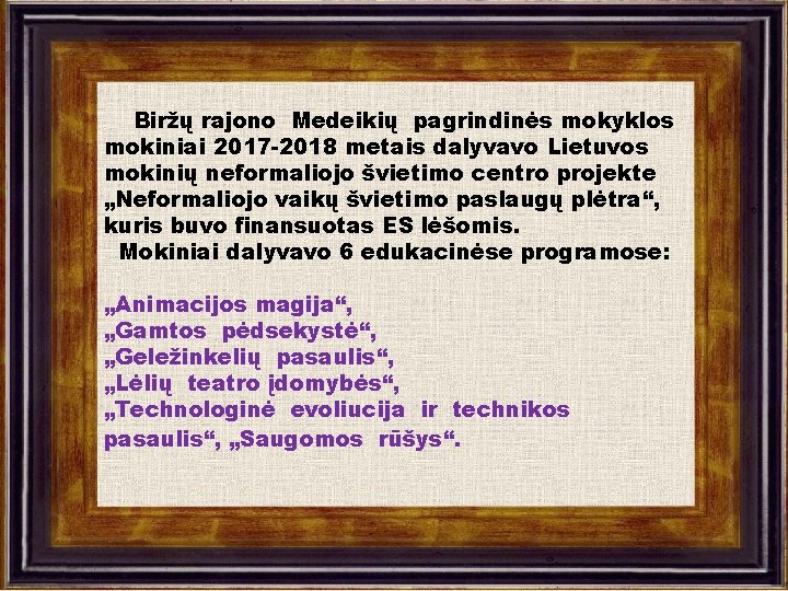 Biržų rajono Medeikių pagrindinės mokyklos mokiniai 2017 -2018 metais dalyvavo Lietuvos mokinių neformaliojo švietimo