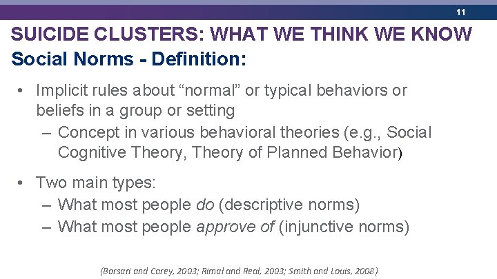 11 SUICIDE CLUSTERS: WHAT WE THINK WE KNOW Social Norms - Definition: • Implicit