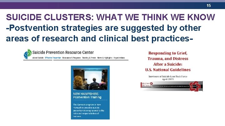 15 SUICIDE CLUSTERS: WHAT WE THINK WE KNOW -Postvention strategies are suggested by other 15 SUICIDE CLUSTERS: WHAT WE THINK WE KNOW -Postvention strategies are suggested by other