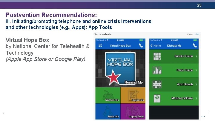 25 Postvention Recommendations: III. Initiating/promoting telephone and online crisis interventions, and other technologies (e.