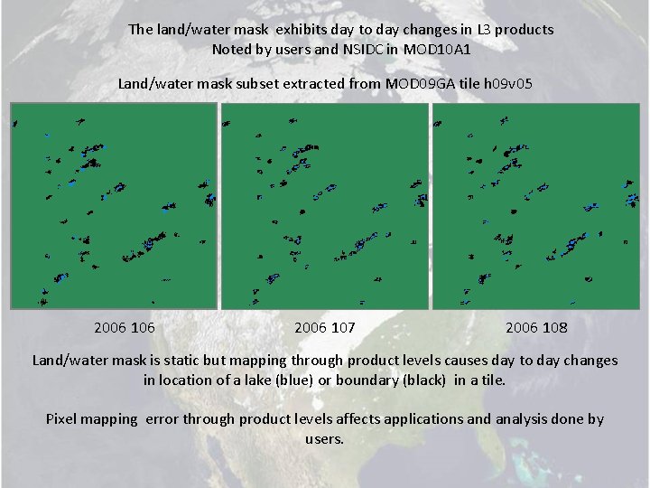 The land/water mask exhibits day to day changes in L 3 products Noted by