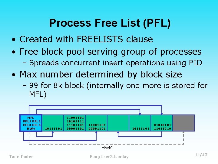 Process Free List (PFL) • Created with FREELISTS clause • Free block pool serving