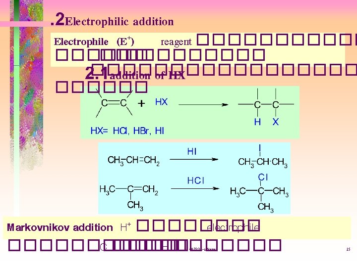 . 2 Electrophilic addition Electrophile (E+) reagent ������������ 2. 1 addition of HX ������