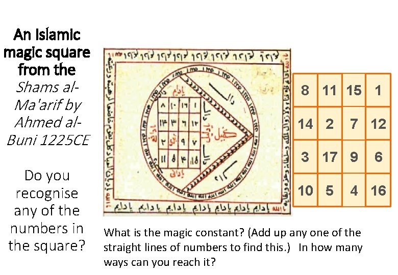 An Islamic magic square from the Shams al. Ma'arif by Ahmed al. Buni 1225