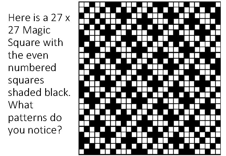 Here is a 27 x 27 Magic Square with the even numbered squares shaded