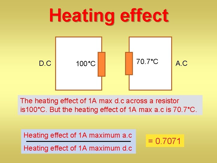 Heating effect D. C 100*C 70. 7*C A. C The heating effect of 1