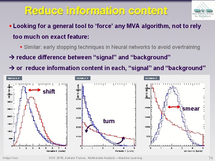 Reduce information content § Looking for a general tool to ‘force’ any MVA algorithm, Reduce information content § Looking for a general tool to ‘force’ any MVA algorithm,