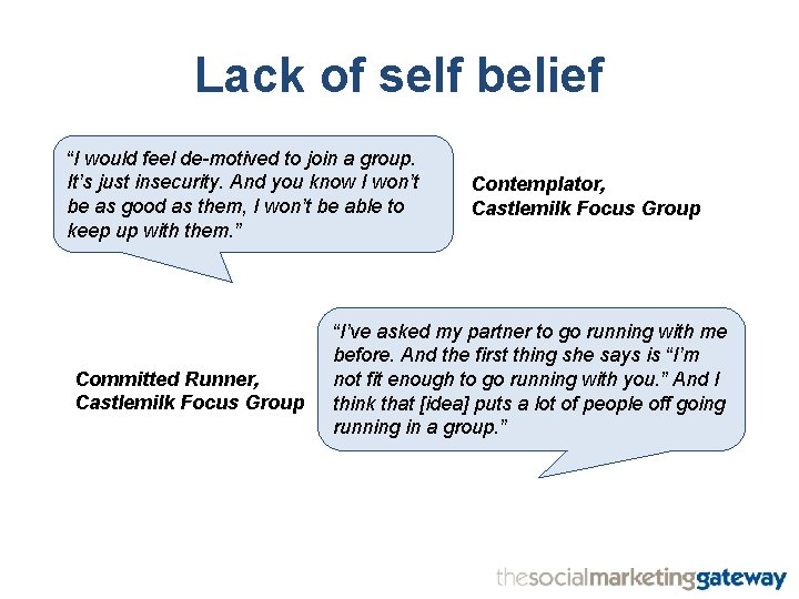 Lack of self belief “I would feel de-motived to join a group. It’s just