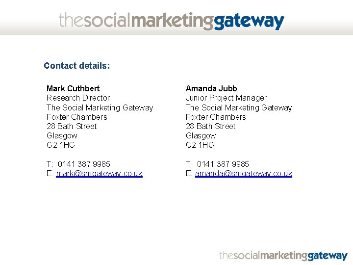 Contact details: Mark Cuthbert Research Director The Social Marketing Gateway Foxter Chambers 28 Bath