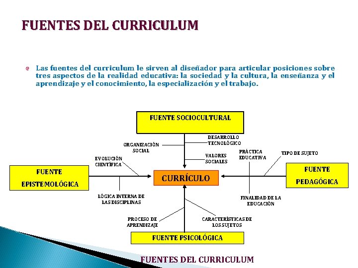FUENTES DEL CURRICULUM Las fuentes del curriculum le sirven al diseñador para articular posiciones