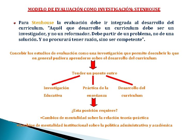 MODELO DE EVALUACIÓN COMO INVESTIGACIÓN: STENHOUSE Para Stenhouse la evaluación debe ir integrada al