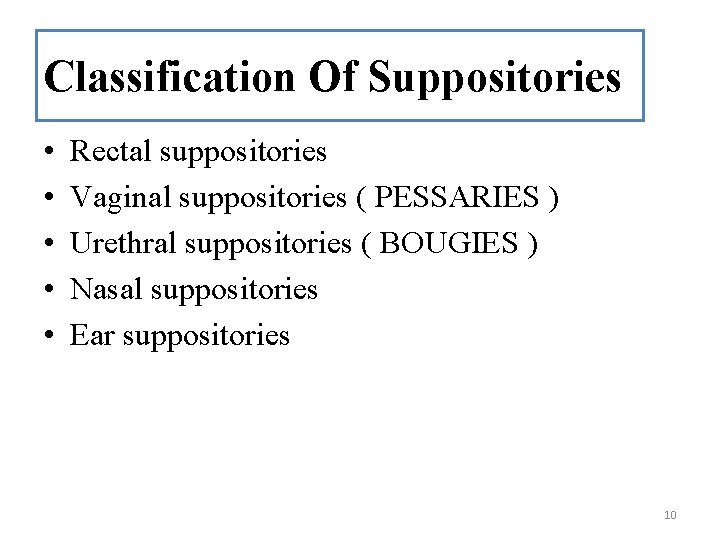 Classification Of Suppositories • • • Rectal suppositories Vaginal suppositories ( PESSARIES ) Urethral