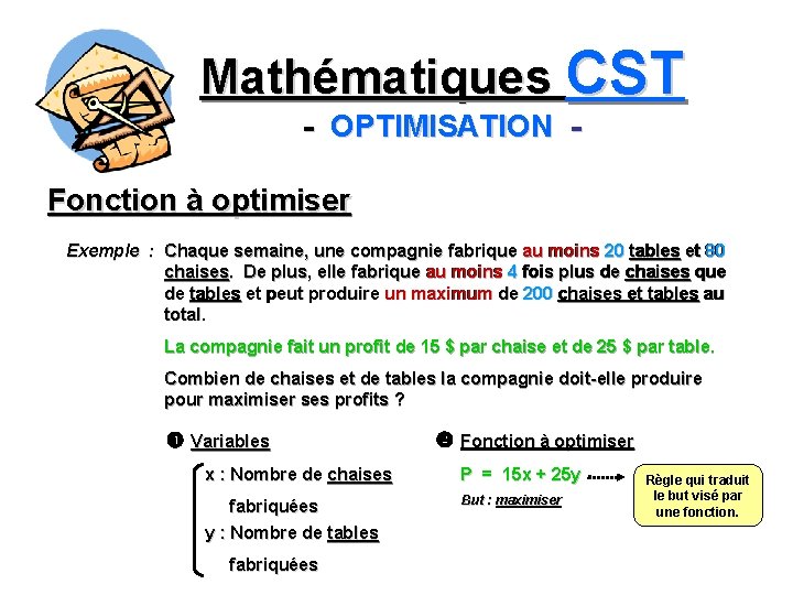 Mathématiques CST - OPTIMISATION Fonction à optimiser Chaque semaine, une compagnie fabrique au moins