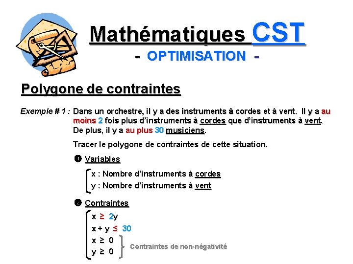 Mathématiques CST - OPTIMISATION Polygone de contraintes Exemple # 1 : Dans un orchestre,